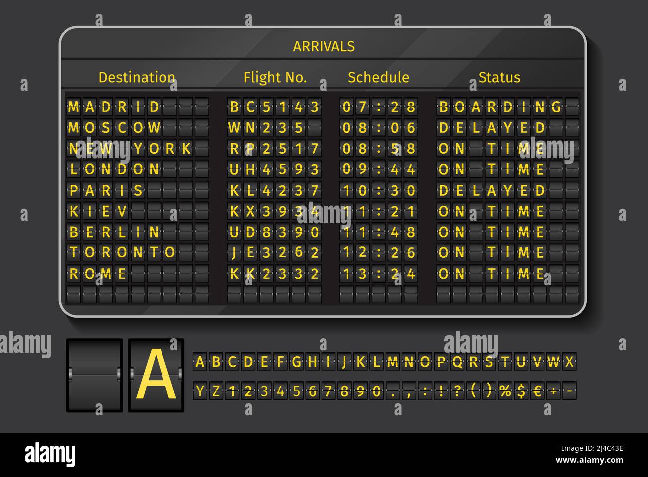 Anzeigetafel Flughafen oder Bahn. Flughafen, Informationen mit Zeitplanzeit, Vektordarstellung anzeigen Stock Vektor