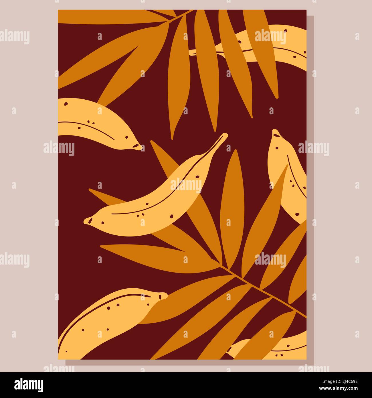 Bananenblätter und tropische Strauchblätter, ganze gelbe Früchte, orangefarbenes Blatt auf braunem Hintergrund Stock Vektor