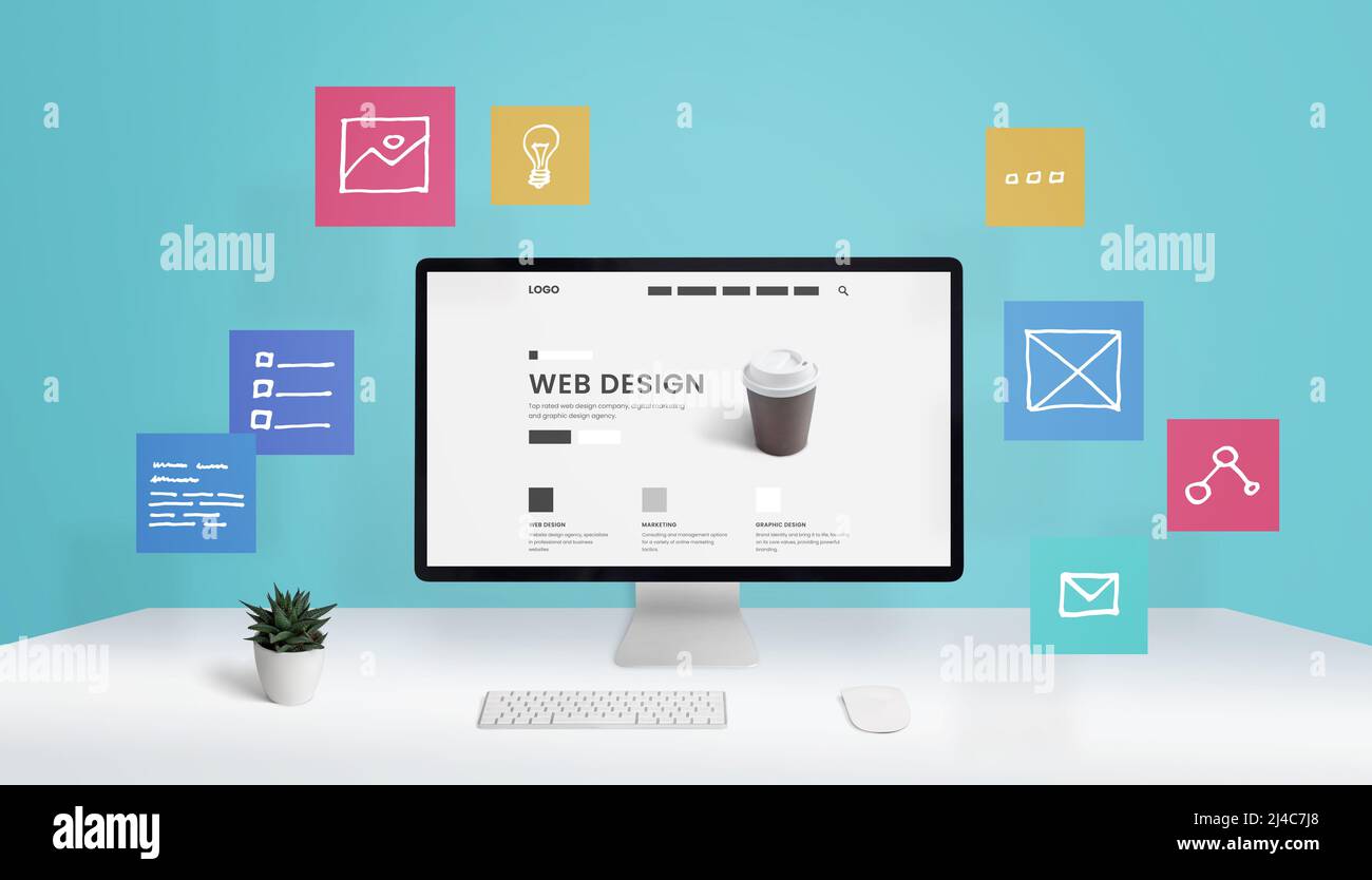 Website-Design, digitale Werbeagentur Konzept mit Computer-Display und fliegende Web-Seite Layout-Elemente Konzept Stockfoto