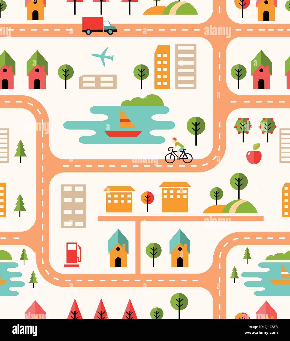 Stadtplan nahtlose Hintergrund Muster mit Straßen Gehäuse Symbole Radfahrer park Flughafen See mit Booten Kraftstoffpumpe Hochhäuser und Apartments Stock Vektor