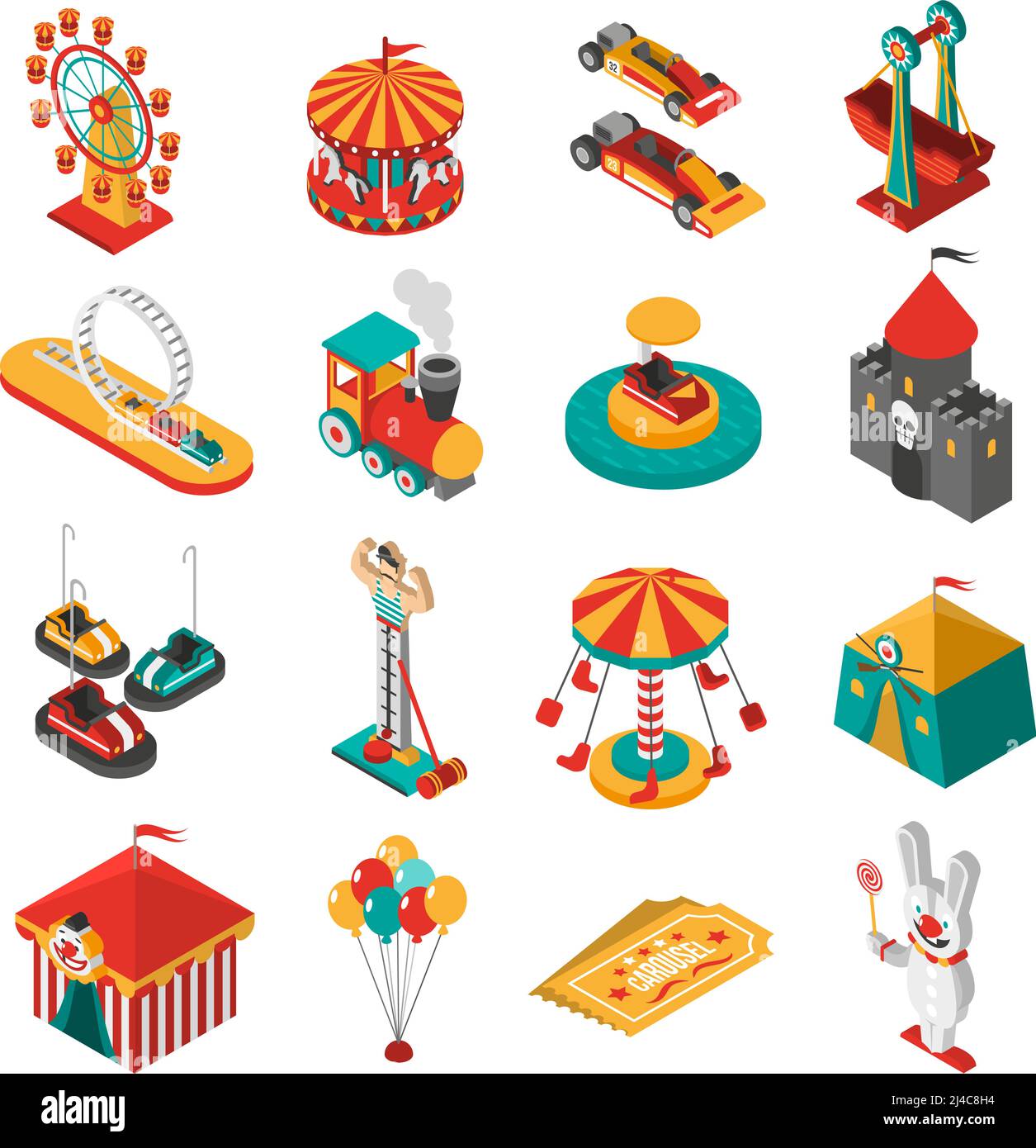 Reisen Vergnügungen Park isometrische Ikonen Sammlung mit Riesenrad Beobachtung Und Zirkuszelt abstrakt isoliert Vektor Illustration Stock Vektor