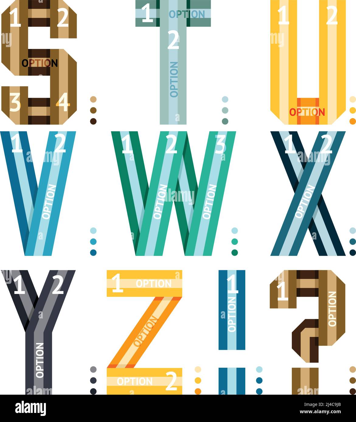 Vektor Alphabet Buchstaben von Bändern und Linien mit Zahlen Optionen Zur Verwendung in Infografiken, wobei s-t-U-V-w-x-y-z zusammen mit einem Ausrufezeichen verwendet wird Und Quest Stock Vektor