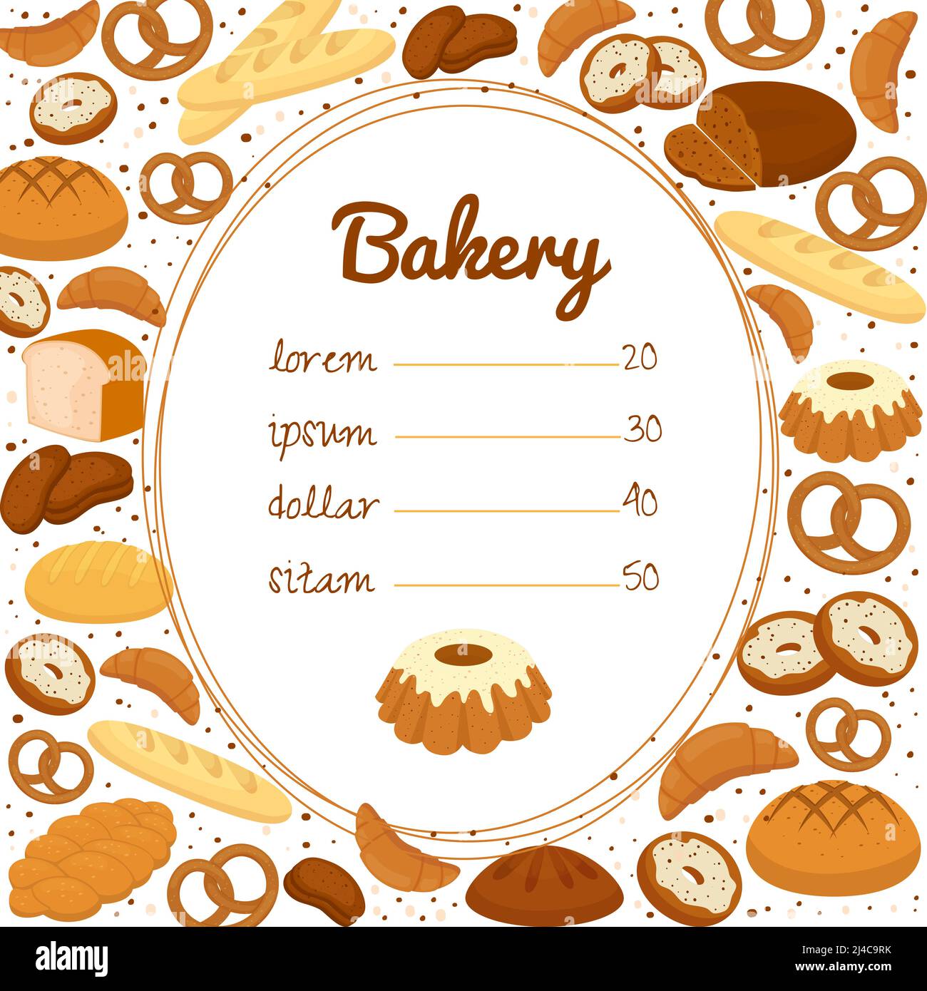 Bäckerei-Menü oder Preisposter mit einer zentralen Preisliste In einem ovalen Rahmen von Brezeln Muffins Brote umgeben Brot Bagels Croissants Kuchen und Stock Vektor