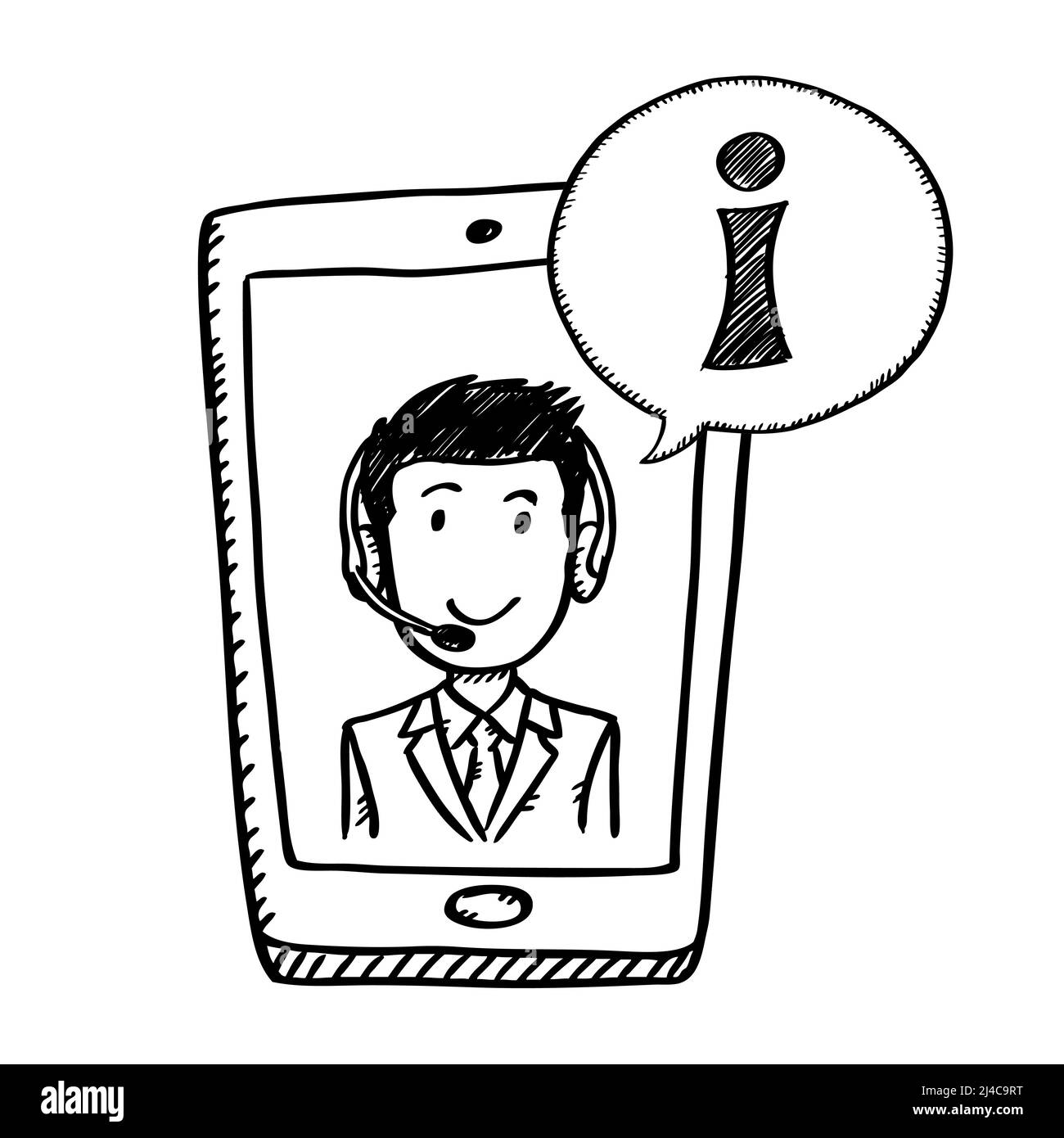 Videogespräch mit Kundendienstmitarbeiterin auf dem mobilen Bildschirm. Cartoon-Stil schwarz und weiß Doodle des Mobiltelefons. Schwarz-Weiß-Vektor Stock Vektor