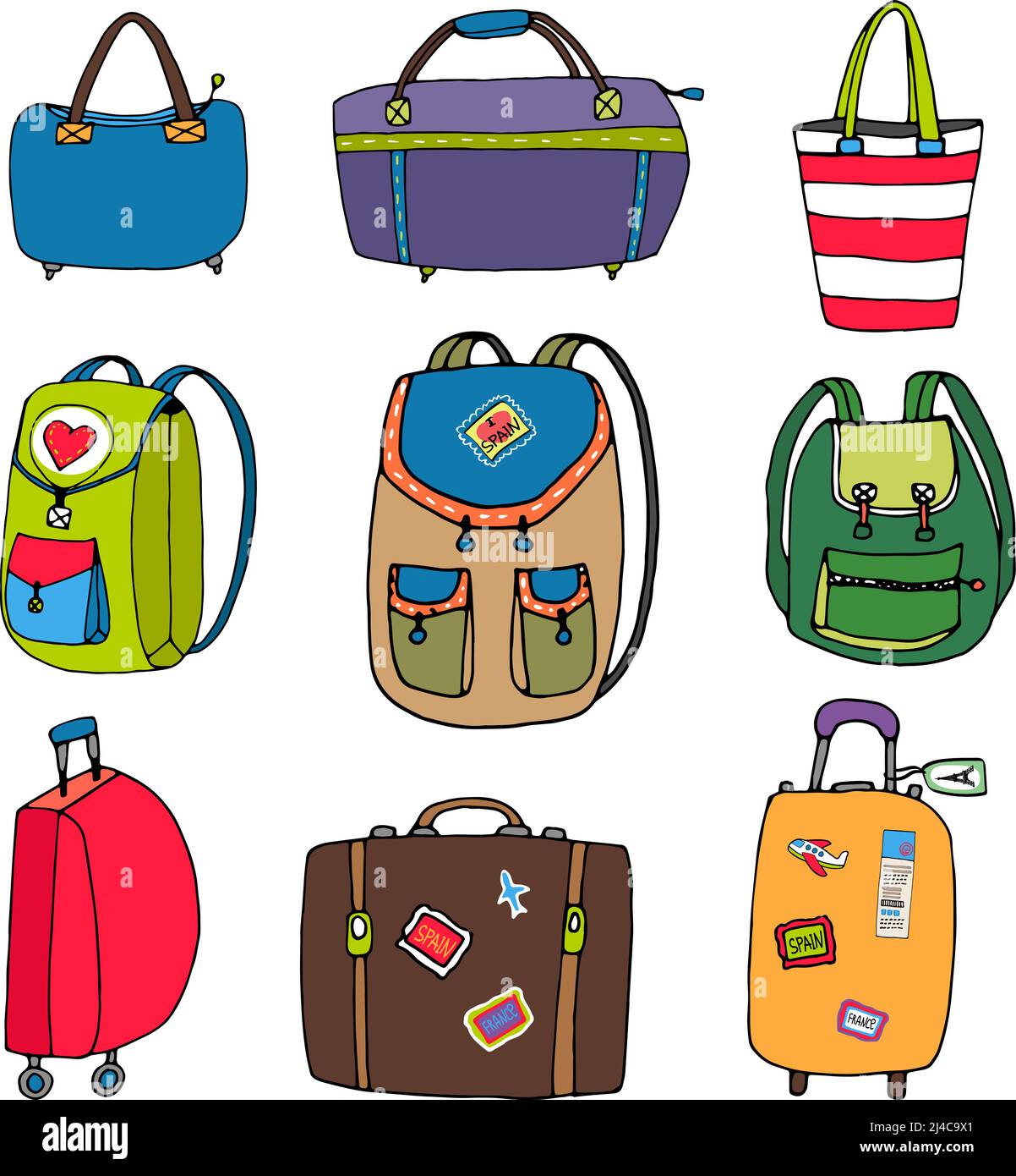 Vielfalt bunte Taschen Rucksäcke und Koffer isoliert auf weißem Hintergrund. Stock Vektor