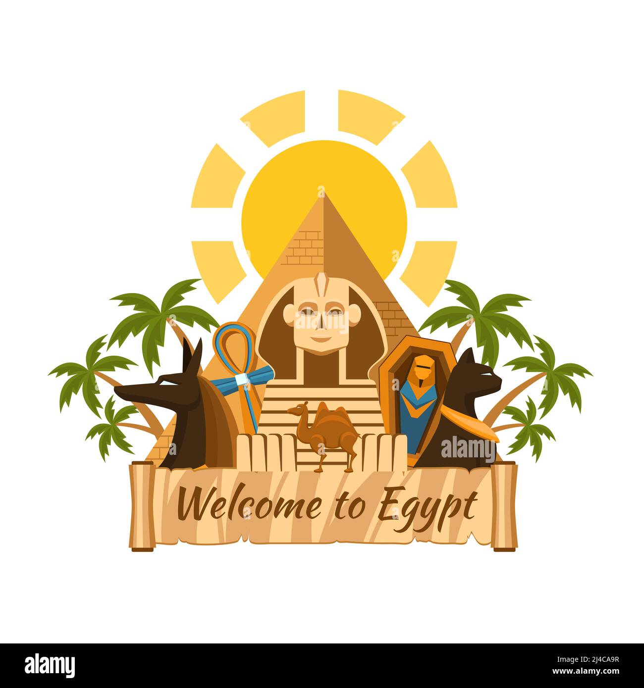 Besuchen Sie Ägypten. Ägyptische Sehenswürdigkeiten. Sphinx und Pyramiden, Palmen und Mumie Stock Vektor