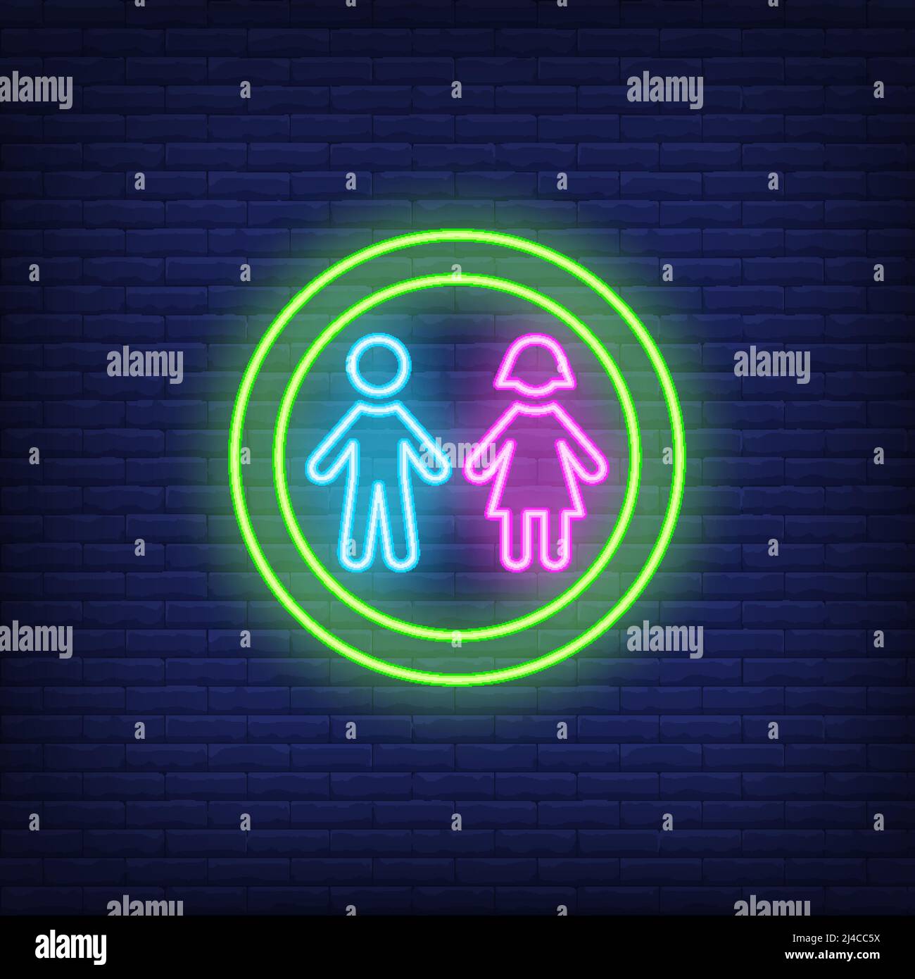 Junge und Mädchen Silhouetten im Kreis Neon-Zeichen. Kindheit und Werbung Design. Nachts helles Neonschild, bunte Plakatwand, Lichtbanner. Vektor-Abb. Stock Vektor