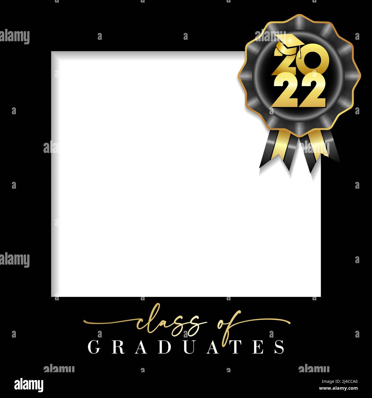 Klasse 2022, Graduation Fotorahmen. Hochschulabschluss mit schwarzem Rahmen und goldenen Zahlen mit akademischem Hut. Vektorkarte Stock Vektor