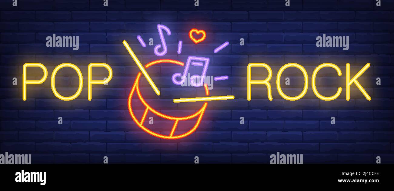 Pop, Rock Neon Text mit Trommel, Stöcken und Noten. Musik- und Werbedesign. Nachts helles Neonschild, bunte Plakatwand, Lichtbanner. Vecto Stock Vektor