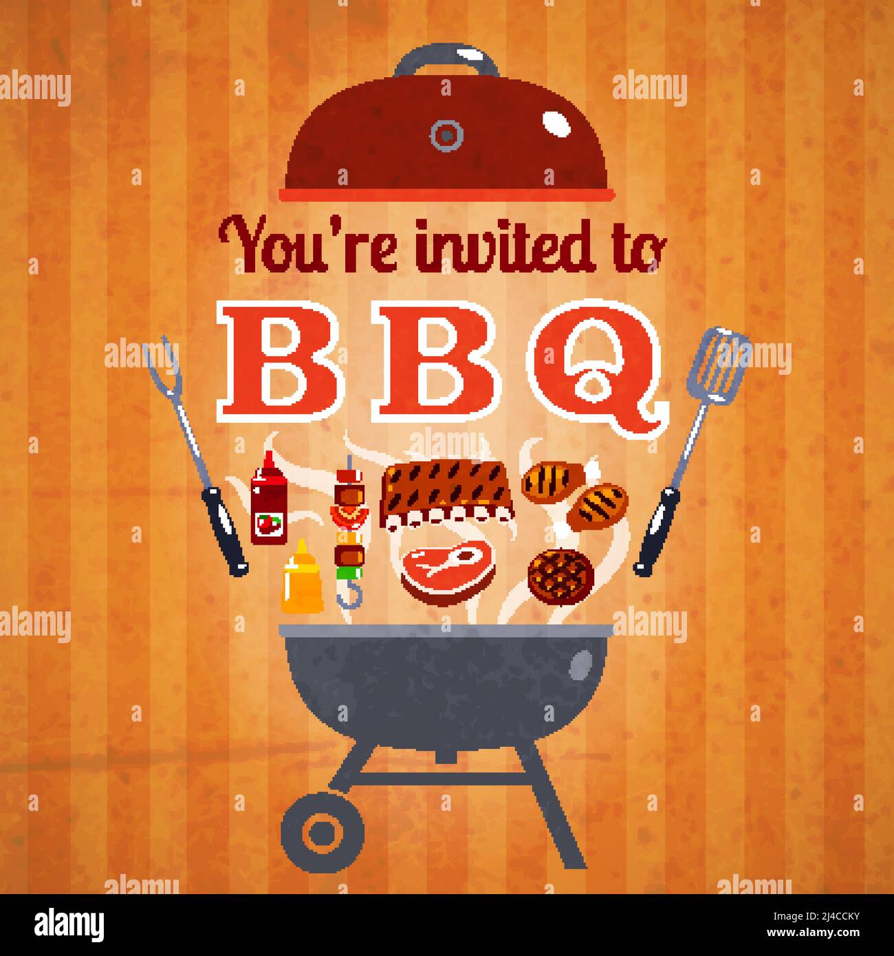 Grill BBQ Party Einladung Ankündigung Billboard mit Steaks Hamburger und Ketchup Poster klassische abstrakte Vektor-Illustration Stock Vektor