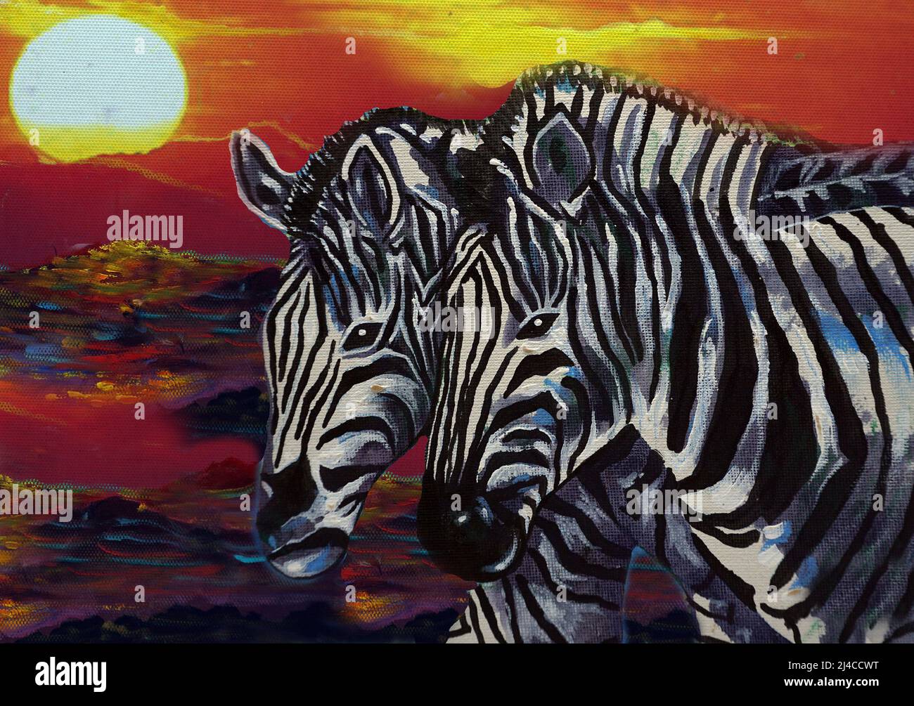 Kunst Malerei Ölfarbe Zebra Pferd Gesicht glücklich , Sonnenaufgang Stockfoto