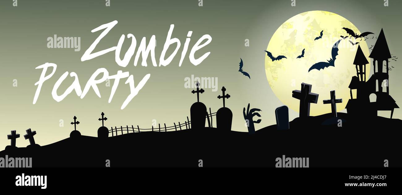 Zombie Party Schriftzug mit Friedhof und Mond. Einladung oder Werbegestaltung. Handgeschriebener Text, Kalligraphie. Für Prospekte, Broschüren, Einladungen, Stock Vektor