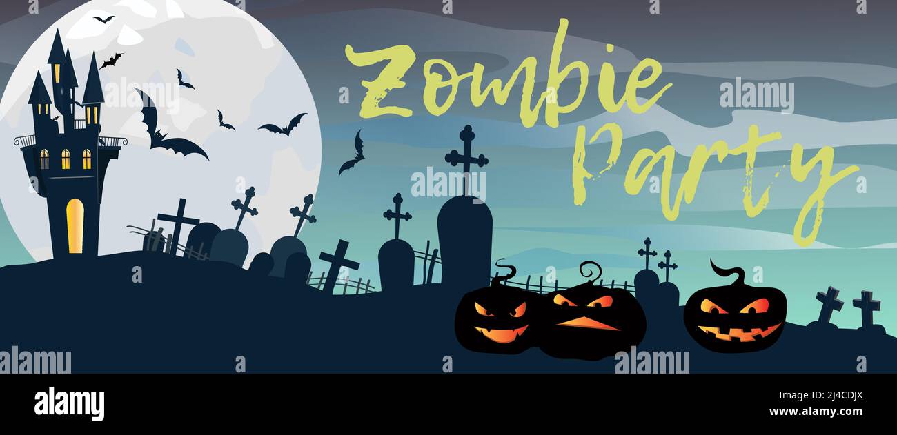 Zombie Party Schriftzug mit Friedhof, Schloss und Kürbissen. Einladung oder Werbegestaltung. Handgeschriebener Text, Kalligraphie. Für Prospekte, Broschüren, Stock Vektor