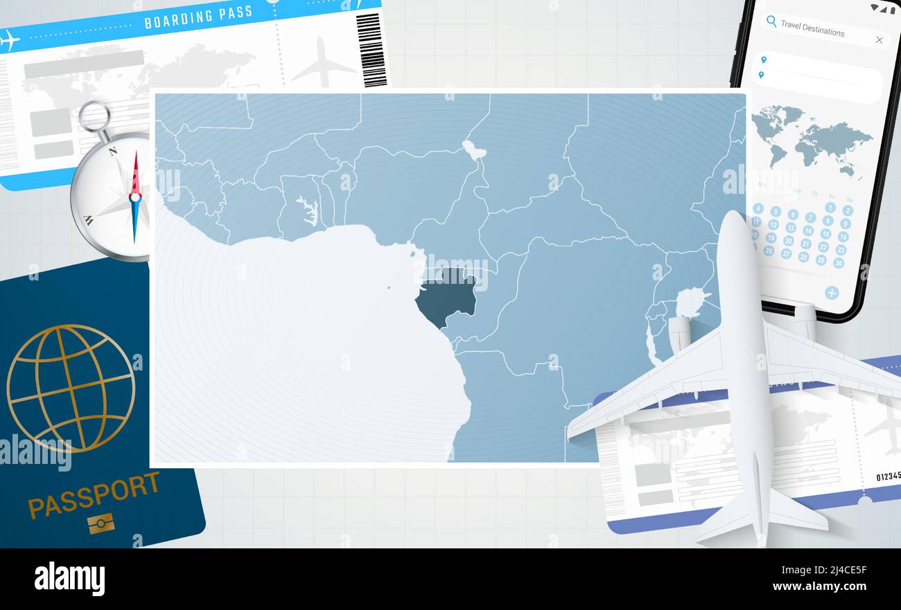 Reise nach Gabun, Illustration mit einer Landkarte von Gabun. Hintergrund mit Flugzeug, Handy, Pass, Kompass und Tickets. Vektormockup. Stock Vektor