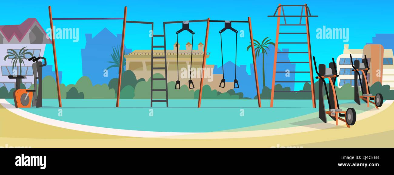 Sportplatz mit Vektorgrafik für Straßenfitnessgeräte. Moderner Stadtplatz mit Trainingsgeräten. Abbildung: Sportplatz Stock Vektor