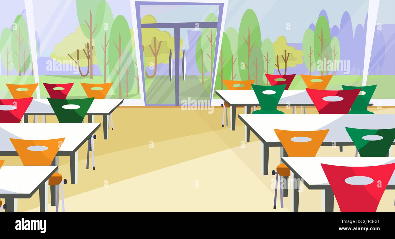 Vektor-Illustration für den Innenraum des Diners. Cafe, Fast-Food-Restaurant, Tisch, Stuhl. Konzept der Lebensmittelindustrie. Kann für Themen wie Restaurantbetrieb, Stock Vektor