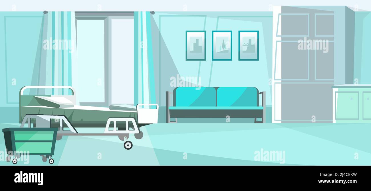 Krankenhauszimmer mit Bett auf Rädern Vektorgrafik. Blaues privates Zimmer in der Klinik mit komfortablem Sofa, Bildern an der Wand und Kommode. Patientenzimmer i Stock Vektor