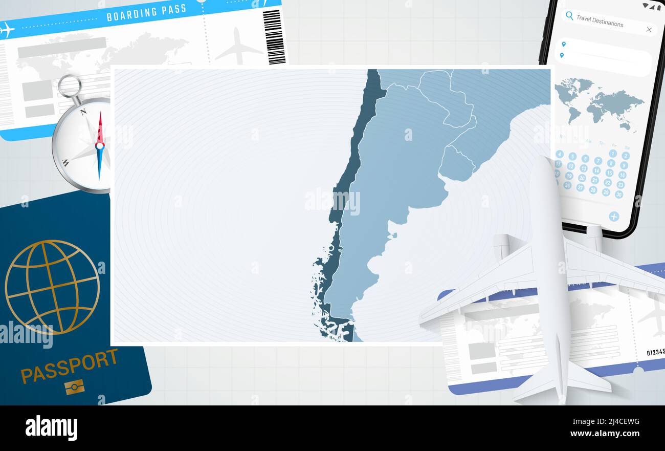 Reise nach Chile, Illustration mit einer Karte von Chile. Hintergrund mit Flugzeug, Handy, Pass, Kompass und Tickets. Vektormockup. Stock Vektor