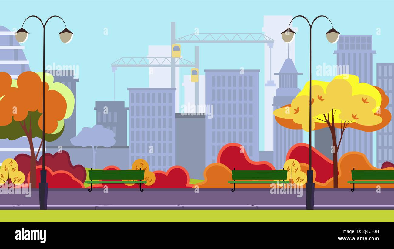 Herbstlicher Stadtpark mit Bäumen, Büschen, Bänken, Laternen und Wolkenkratzern im Hintergrund. Stadtbild, Erholungsgebiet. Vektorgrafik im flachen Stil. Für Stock Vektor