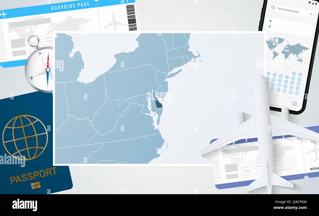 Reise nach Delaware, Illustration mit einer Karte von Delaware. Hintergrund mit Flugzeug, Handy, Pass, Kompass und Tickets. Vektormockup. Stock Vektor