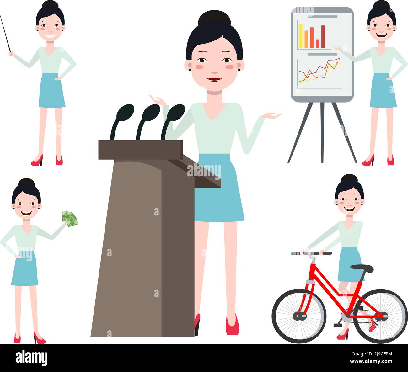 Weibliche Konferenzsprecherin mit unterschiedlichen Posen, Emotionen, Gesten. Radfahren, Präsentation, Lehrer, Geld verdienen. Kann zum Desig verwendet werden Stock Vektor