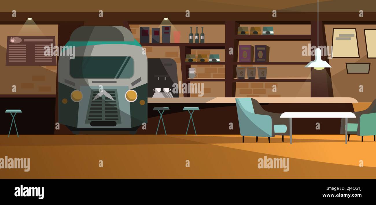 Loft Cafe mit einzigartigem Design Vektor Illustration. Blick auf den Zug in der Wand mit Regalen. Bequeme Stühle am Couchtisch. Pub-Interieur illustra Stock Vektor