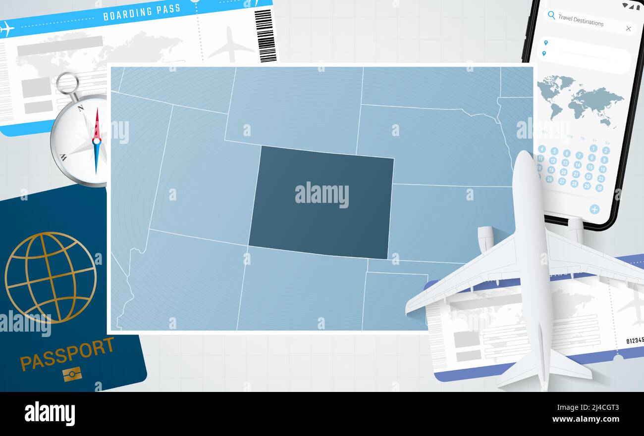 Reise nach Colorado, Illustration mit einer Karte von Colorado. Hintergrund mit Flugzeug, Handy, Pass, Kompass und Tickets. Vektormockup. Stock Vektor