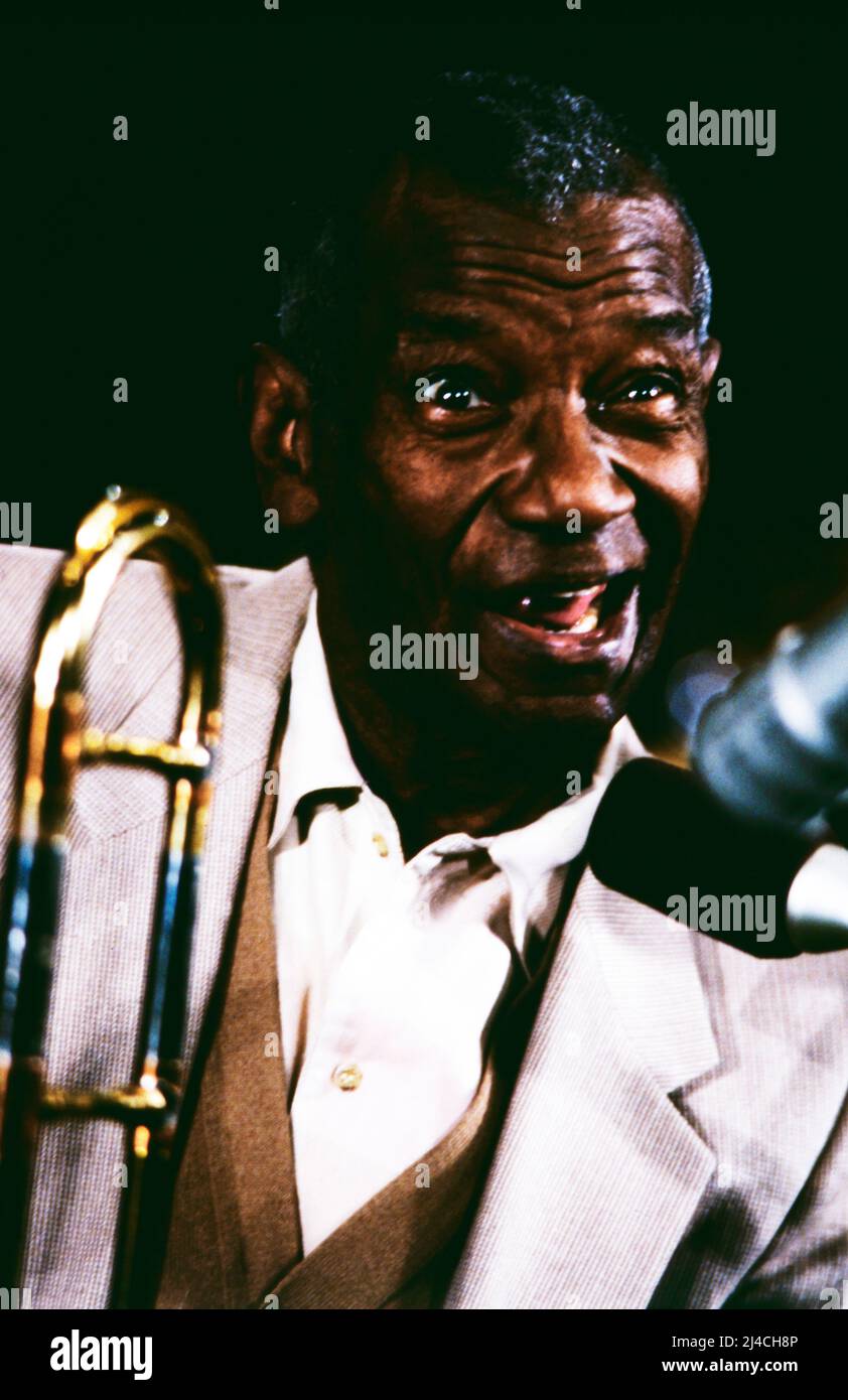 Jazz Fest Berlin, Philharmonie, Deutschland, 1986, Jabbo Smith, Amerikanischer Jazztrompeter. Jazz Fest Berlin, Philharmonie, Deutschland, 1986, Jabbo Smith, Amerikanischer Jazz-Trompeter. Stockfoto