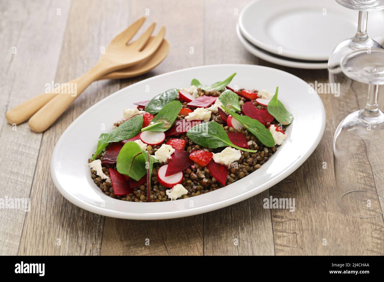 Hausgemachter grüner Linsensalat Stockfoto