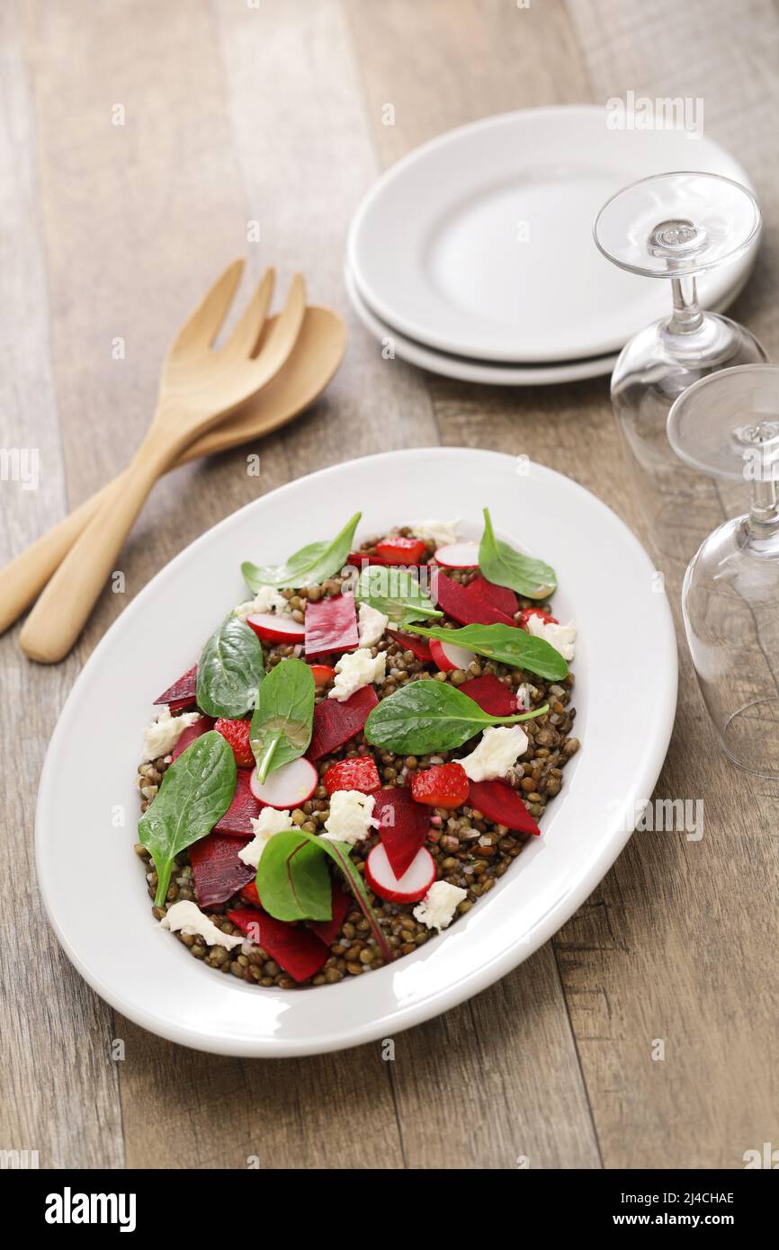 Hausgemachter grüner Linsensalat Stockfoto