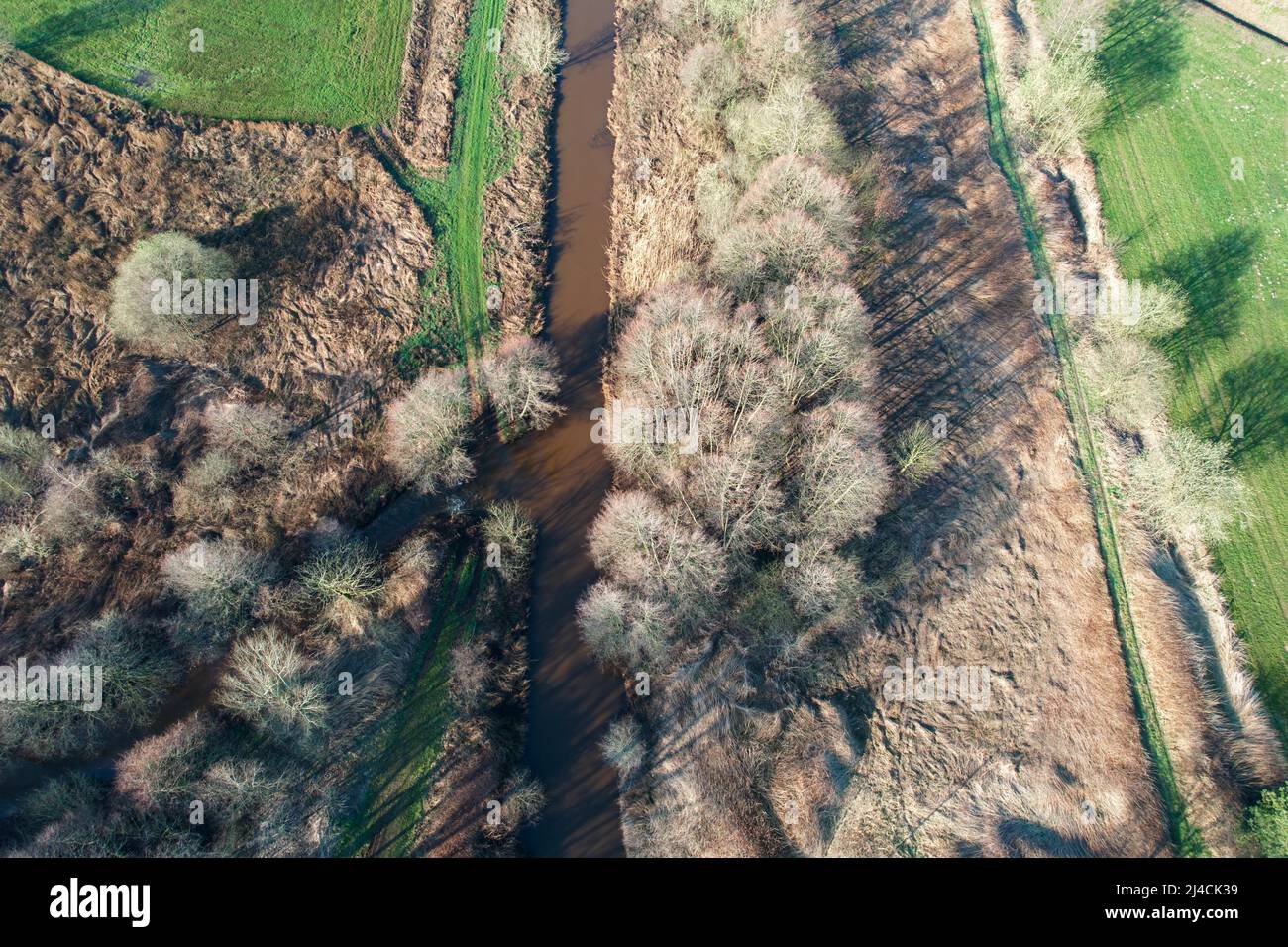 Mittelradde Luftaufnahme, Fluss durch Kulturlandschaft fließt, Abschnitt mit Ufervegetation, Drohnenaufnahme, Niedersachsen, Deutschland Stockfoto