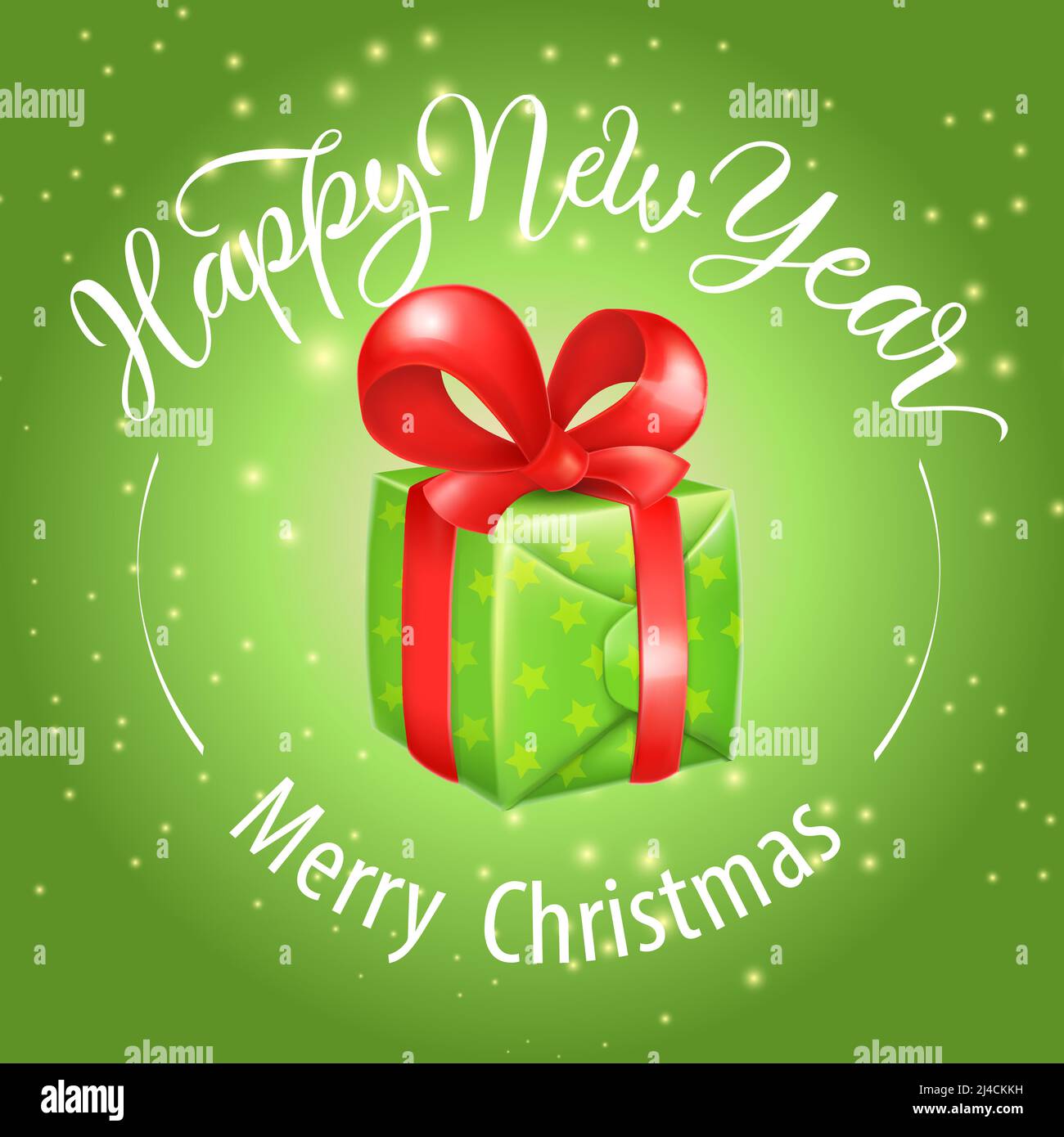 Frohe Weihnachten, Happy New Year Schriftzug mit Geschenkbox. Weihnachtskarte. Handgeschriebener und getippte Text, Kalligraphie. Für Broschüren, Broschüren, in Stock Vektor