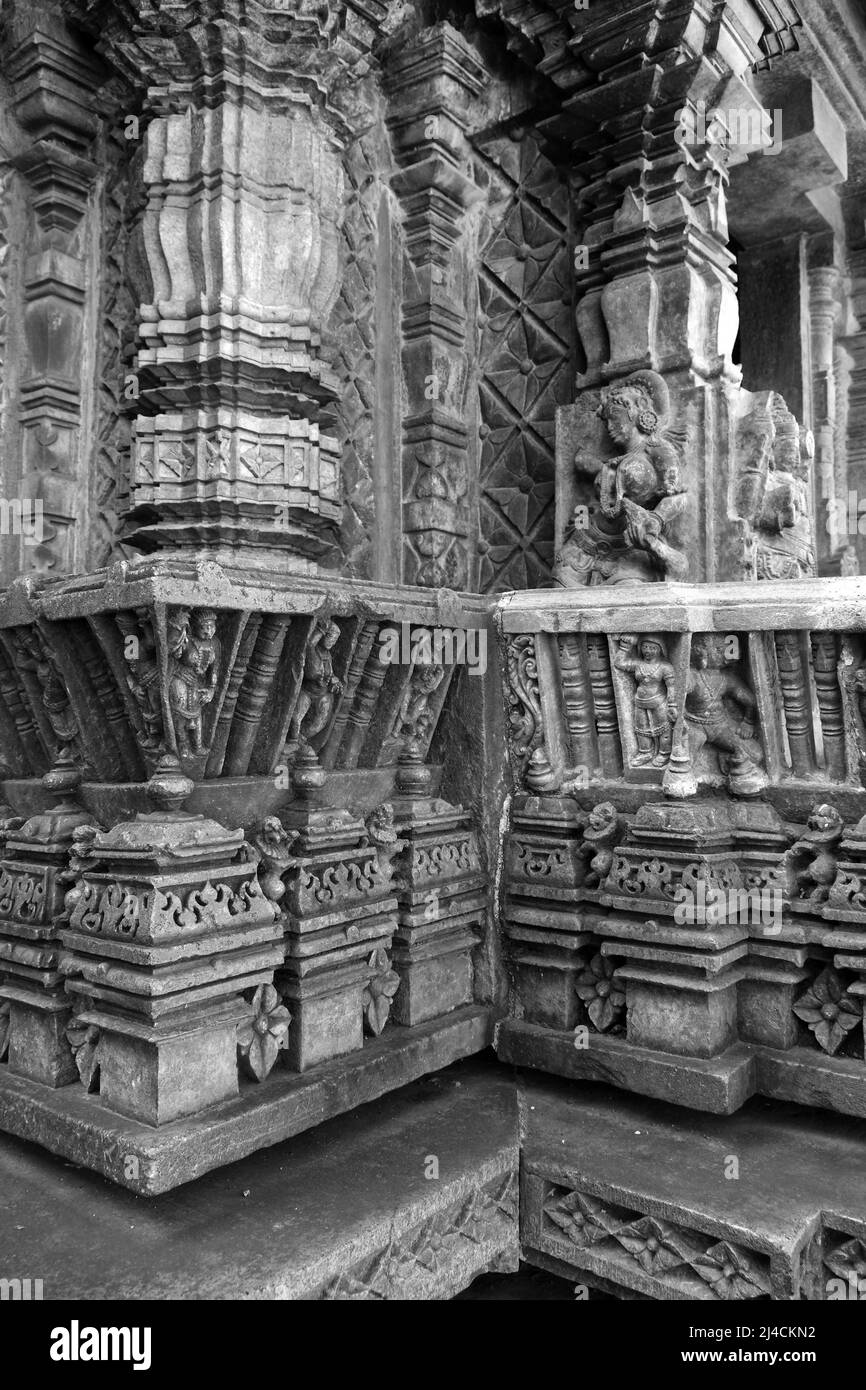 Belur, Karnataka, Indien - Dez 19 2021, Belur und Halebidu Tempel Schnitzereien und Skulpturen, Hoysala Tempel - Chennakeshava Tempel. Stockfoto