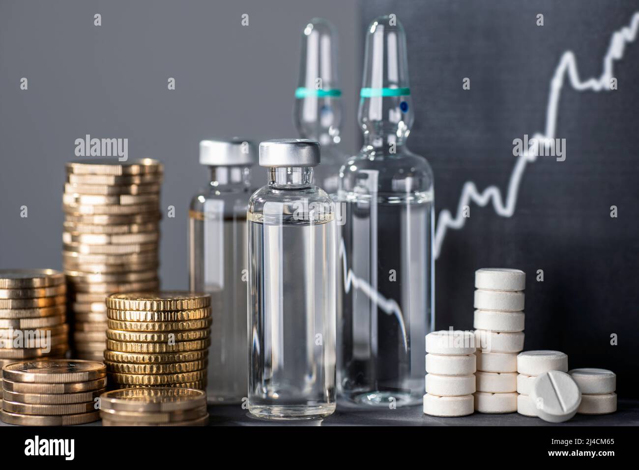 Drogen und Geldstapel mit einer aufsteigenden Kurve als Symbol für steigende Preise von Pharmaaktien Stockfoto