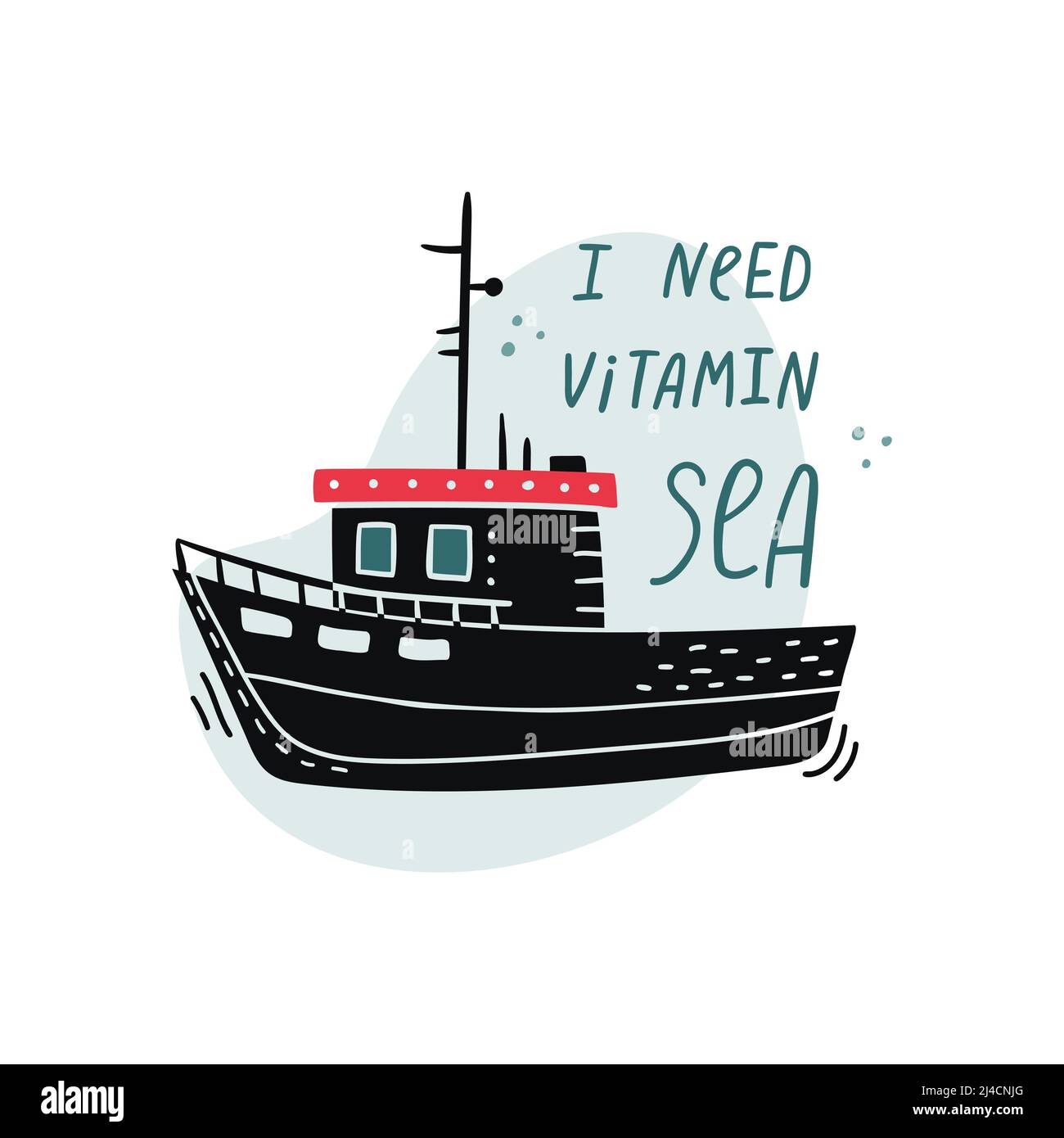 Vektordarstellung eines Bootes mit handgezeichneter Beschriftung - ich brauche Vitamin Meer Stock Vektor