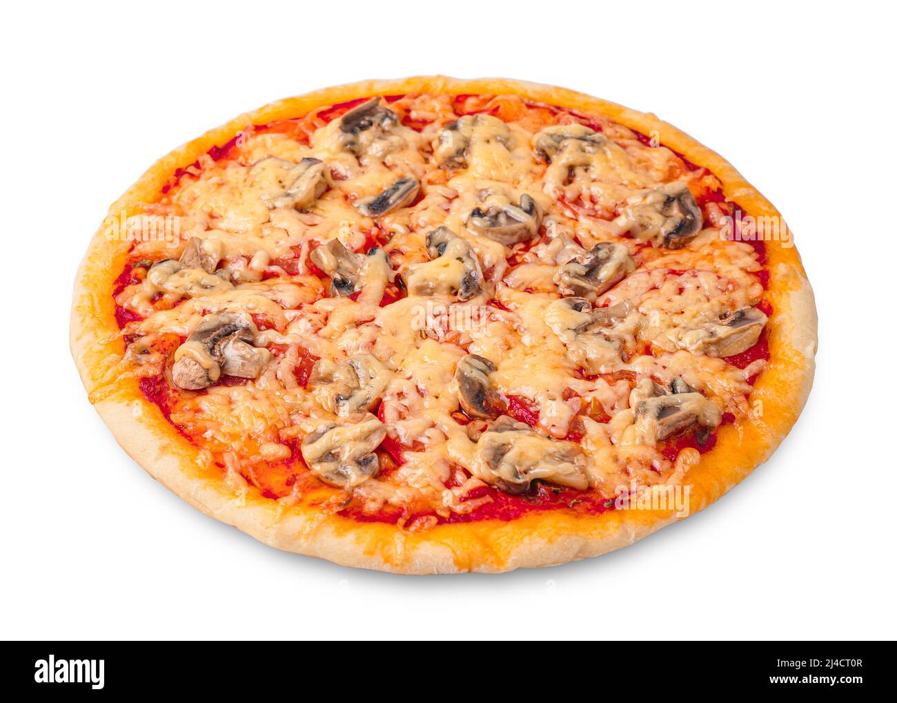 Pizza mit Käse, Tomaten und Pilzen isoliert auf weißem Hintergrund. Seitenansicht. Stockfoto