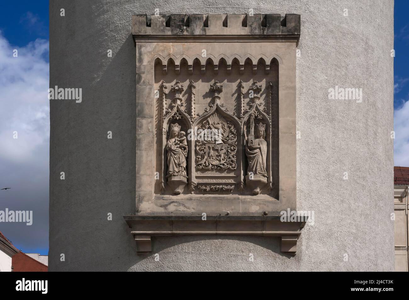 Sandsteinrelief mit Stadtwappen aus dem 15.. Jahrhundert auf dem dicken Turm, 1250, Görlitz, Oberlausitz, Sachsen, Deutschland Stockfoto