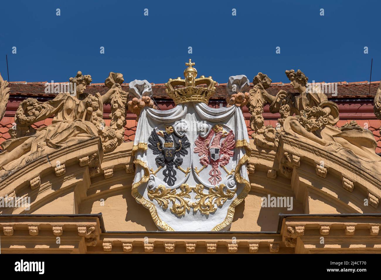 Alliiertes Wappen des fürstlichen Paares mit Adlern von Brandenburg und Preußen, Orangerie im Stadtpark, Erlangen, Mittelfranken, Bayern Stockfoto