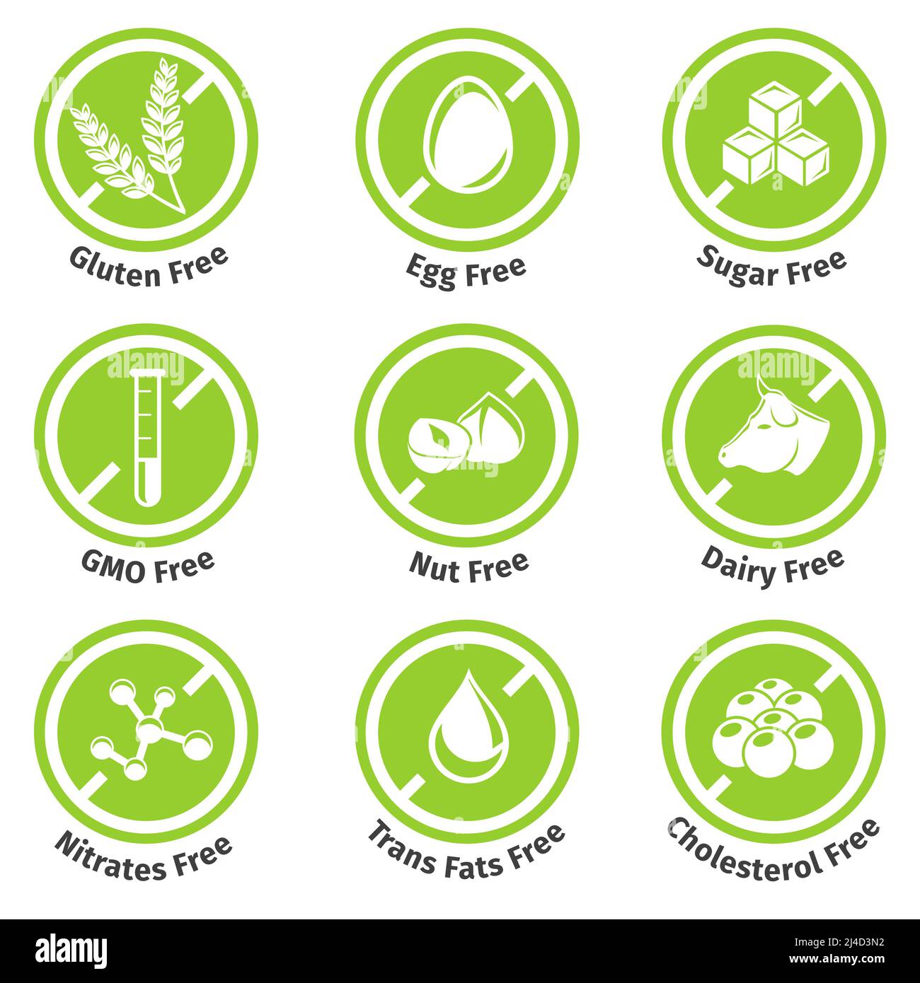 Allergenfreie Produkte Aufkleber. Egg- und Milchfrei, glutenfrei und laktosefrei. Vektorgrafik Stock Vektor