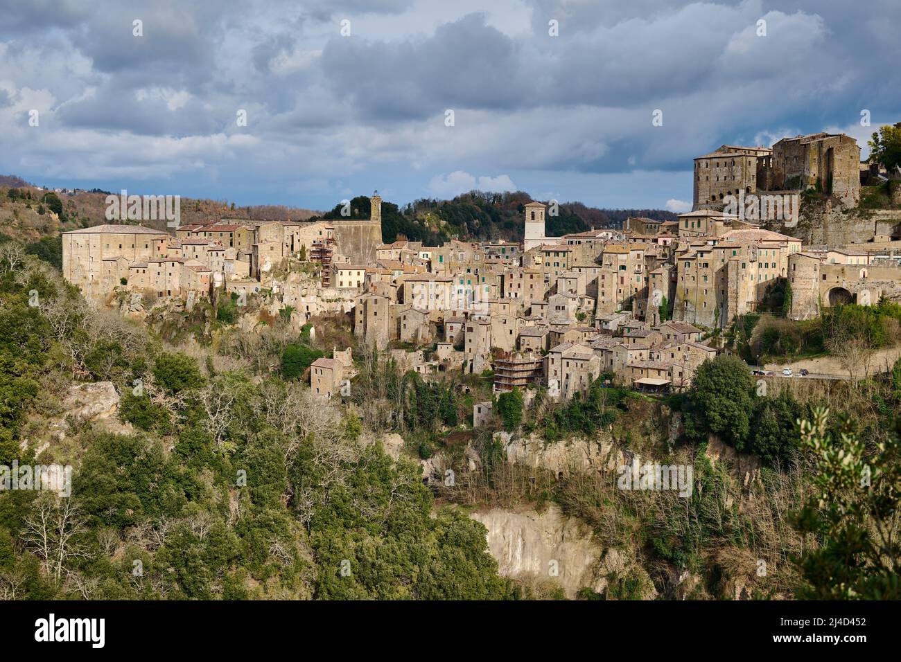 Luftbild mittelalterliche Stadt Sorano, Toskana, Italien Stockfoto