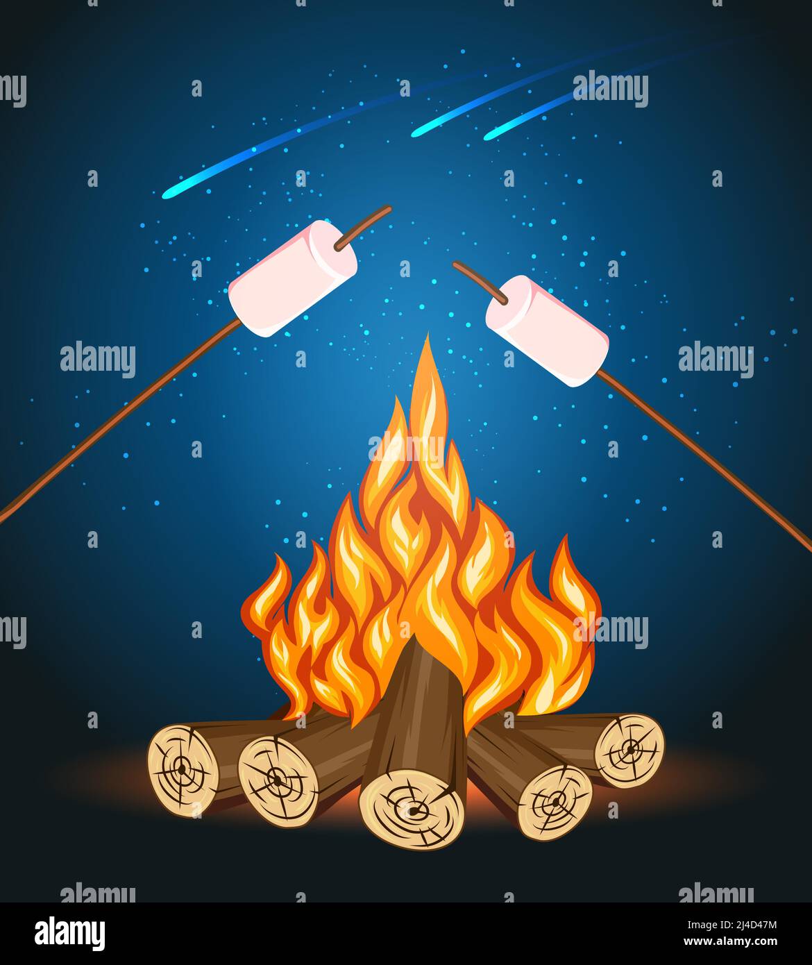 Lagerfeuer mit Marshmallow, Camping Grill Marshmallow Vektor-Illustration. Marshmallow im Freien, Lagerfeuer Nacht, Essen Marshmallow Stick Stock Vektor