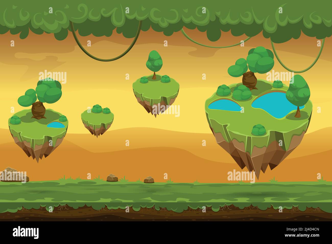 Cartoon fantastische Waldlandschaft. Naturpanorama für Spiel, Liane und Bedeckungsgras, Landschaftsspiel. Vektorgrafik Stock Vektor