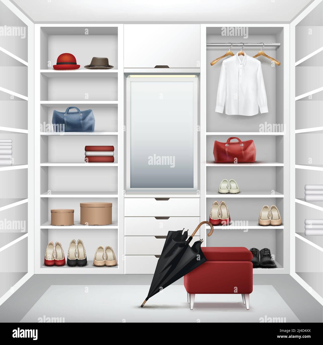 Vector weiß leer Garderobe Schrank mit Boxen, Spiegel, roter Puff, Hemd, Hüte, Taschen, Schuhe und schwarzer Regenschirm Vorderansicht Stock Vektor