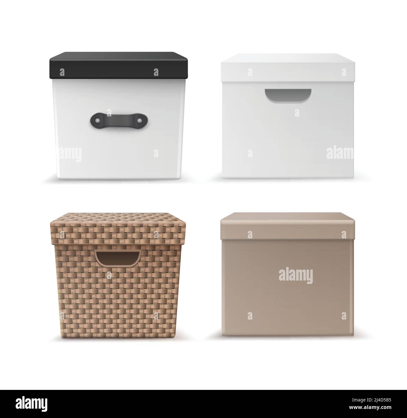 Vektor-Set von schwarzen, beigen Karton, Weidenkleidern Aufbewahrungsboxen mit Griffen Vorderansicht isoliert auf weißem Hintergrund Stock Vektor