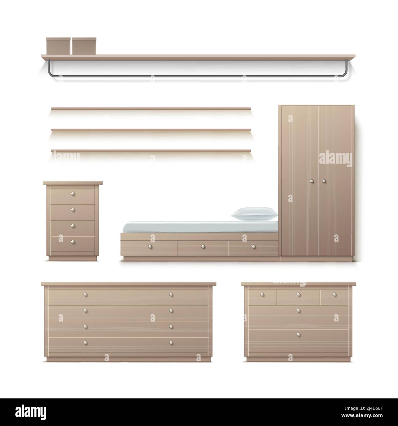 Vector Set von beigefarbenen Kleiderschrank, Schrank, Nachttisch, Kleiderständer, Rack und Kissen Vorderansicht isoliert auf Hintergrund Stock Vektor