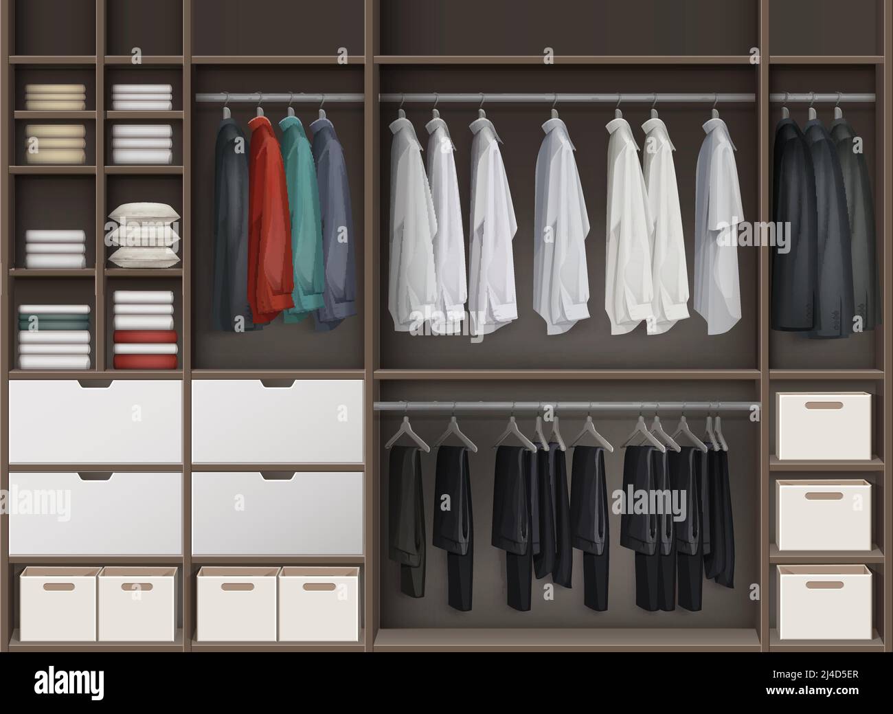 Vector braun Garderobe Schrank mit Regalen voll von Boxen und Kleidung Hemden, Hosen Hosen, Jacken Vorderansicht Stock Vektor