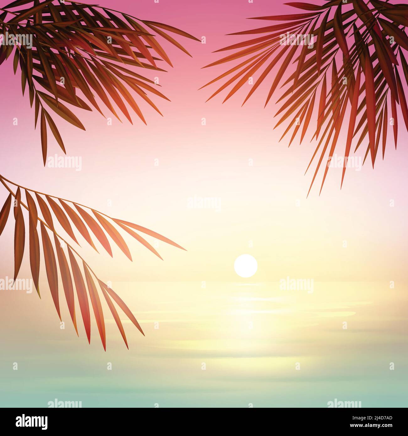 Vector Pink Blur Sonnenuntergang mit Sonne, azurblauem Meer und Palmenblätter Silhouetten Stock Vektor