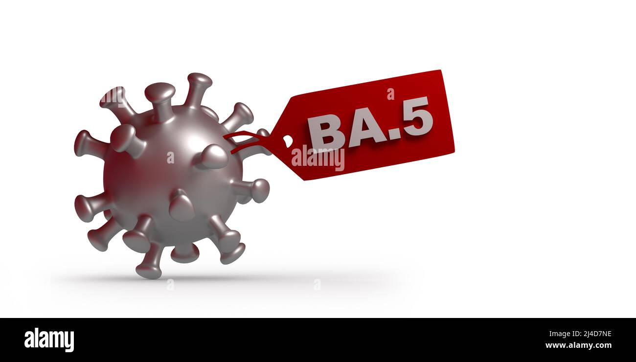 Eilmeldung: Omicron BA.5 Subvariante des SARS-CoV-2-Coronavirus. 3D Render Covid-19 Bakterienzelle, Namensschild, Kopierraum. Bild der Funktion „Beschneidungspfad“ Stockfoto