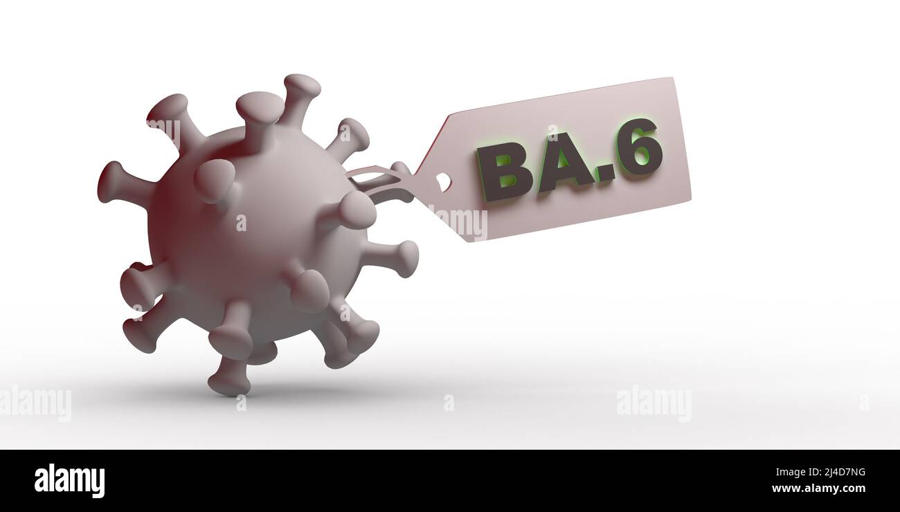 Eilmeldung: Omicron BA.6 Subvariante des SARS-CoV-2-Coronavirus. 3D Render Covid-19 Bakterienzelle, Namensschild, Kopierraum. Bild der Funktion „Beschneidungspfad“ Stockfoto