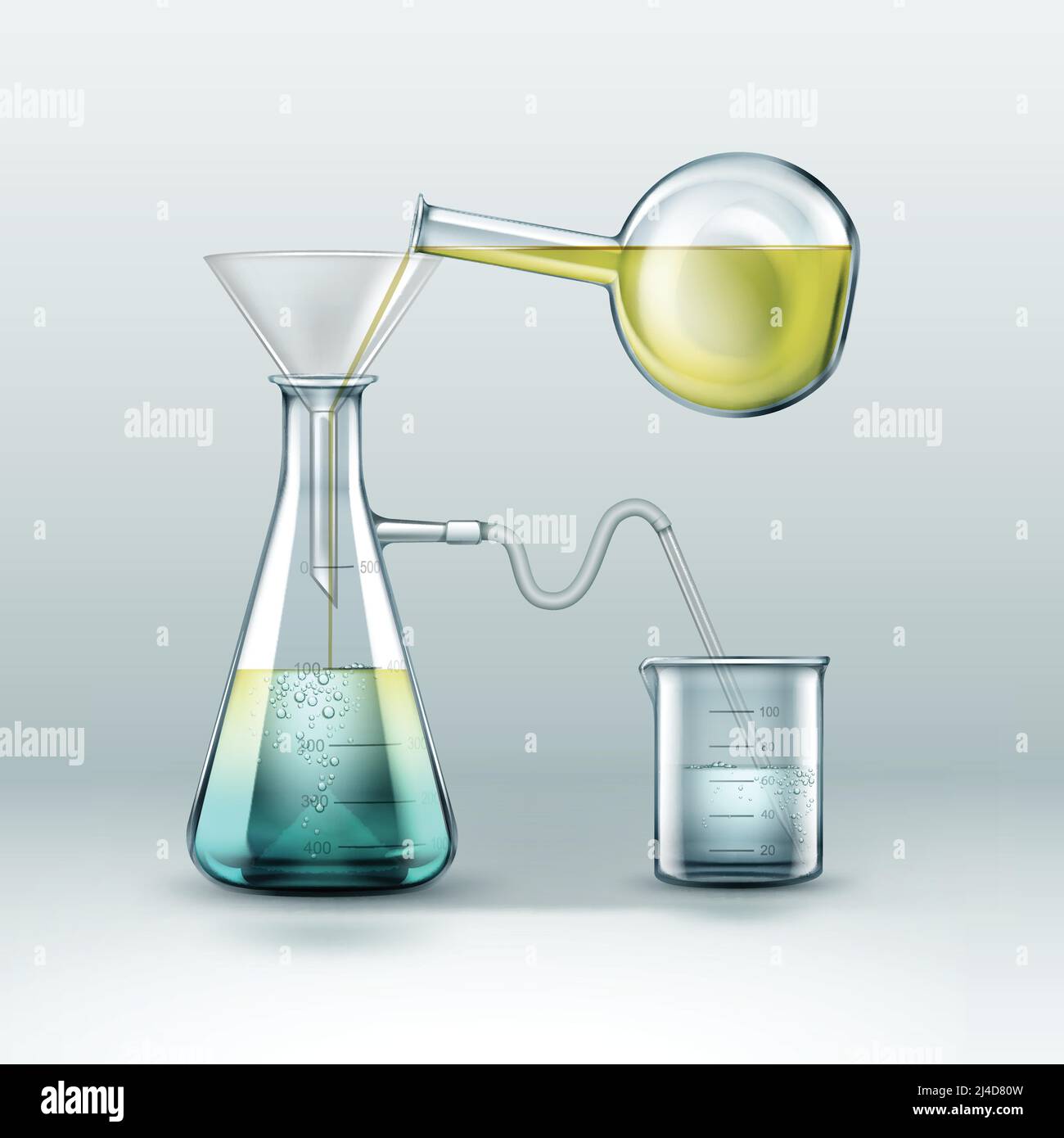 Vector chemische Reaktionen Forschung wird mit Glasflaschen voll von gelb blauen Flüssigkeit, Trichter und Becher isoliert auf Hintergrund getan Stock Vektor